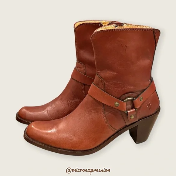$359 Frye Romy Harness Brown Cognac Real Leather Vintage Cowboy Short Ankle Boot - Picture 4 of 12